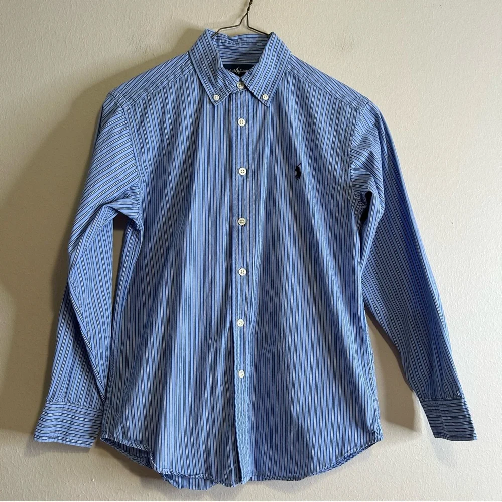 Ralph Lauren Blue and White 100% Cotton Striped Button Down‎ Shirt Size M 10-12